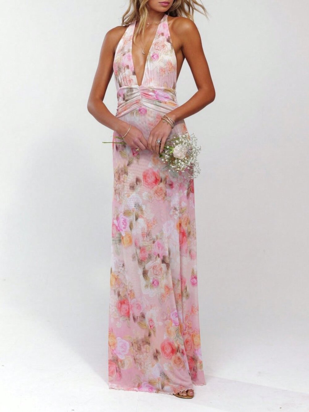 Pink Boho Women's Floral Print Halter Maxi Bodycon Dress - Picture 4 of 4